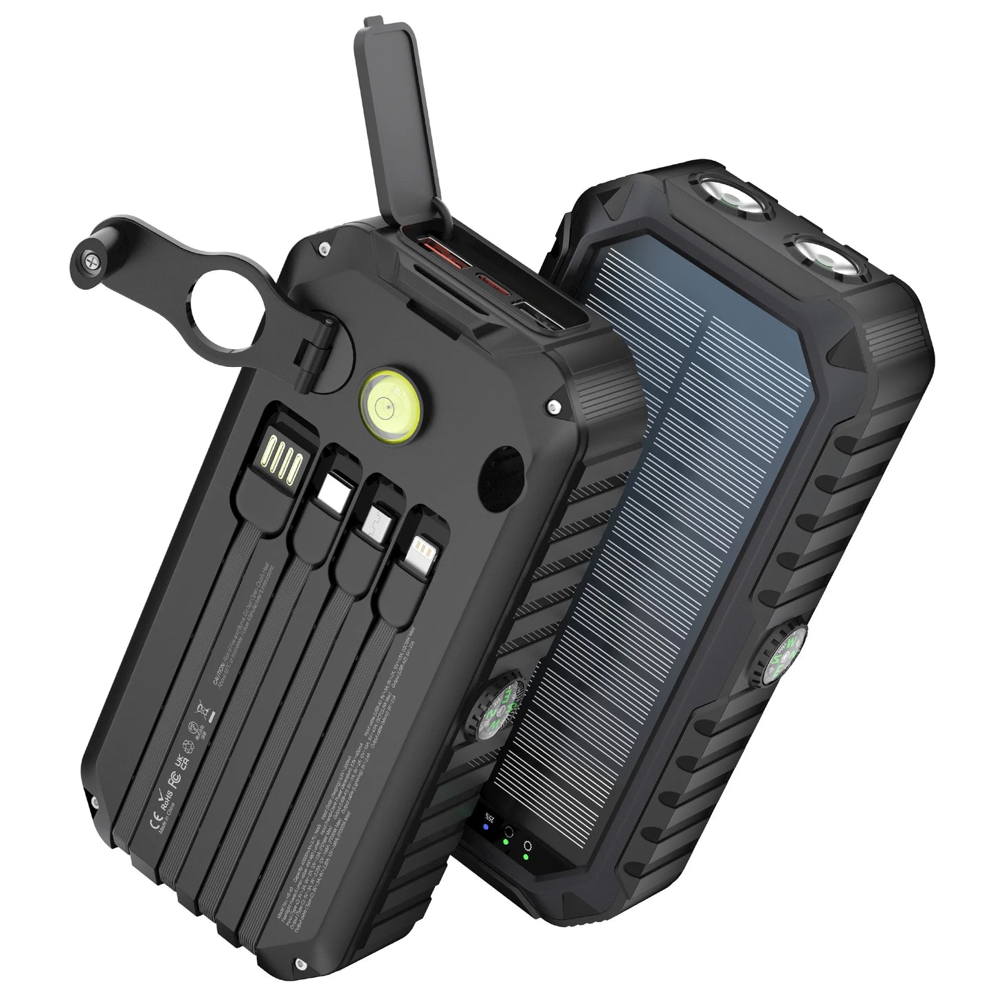 40,000mAh Solar Power Bank with Hand Crank & 4 Cables,Dual UsB/Type-C Fast Charging, Bright LED Light, Built-inCompass & Leveler