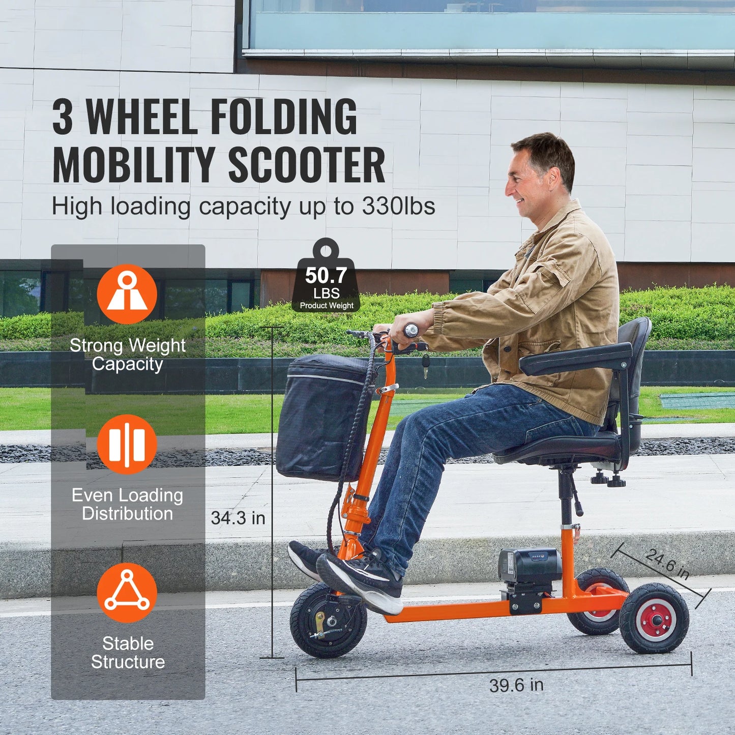 SucceBuy Foldable 3 Wheel Mobility Scooter for Seniors Portable Electric Powered Mobility Scooter All Terrain Travel Wheelchair