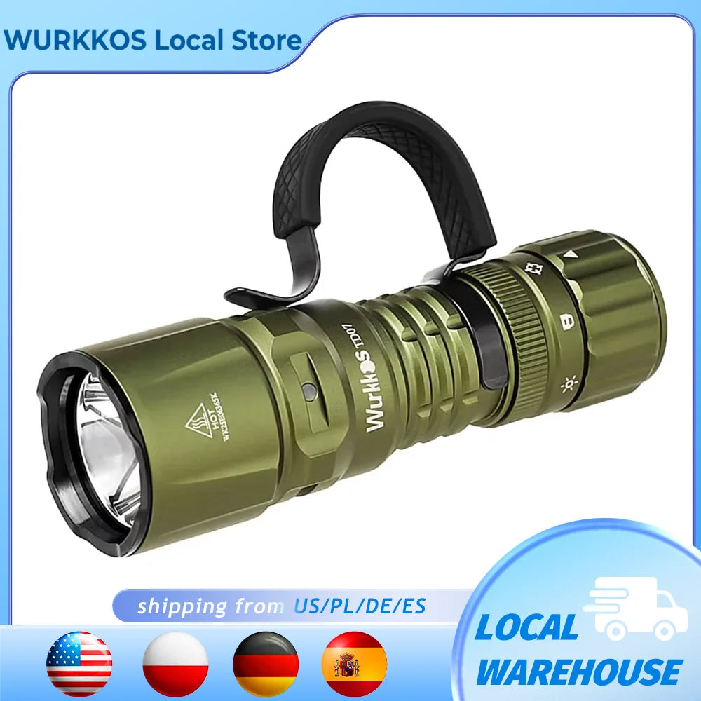Wurkkos TD07 1300LM Tactical Flashlight 479M Long Throw IP68 Waterproof 18350 Battery Torch Dual Switches and Ring Handle Grip