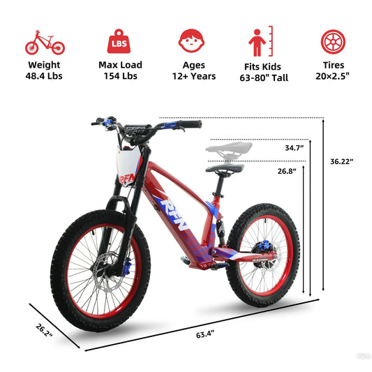 RFN Racing Serise Electric Dirt Bike For Kids - 3-Speed Stunt Jump Bike - Lightweight Aluminum Frame Electric Bike For Age 8+