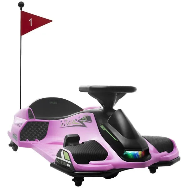 12V Electric Go Kart, 5 MPH Drifting Car, Battery Powered Ride-on Toy with Music & Lights, Pink, for 8-12 Years Old