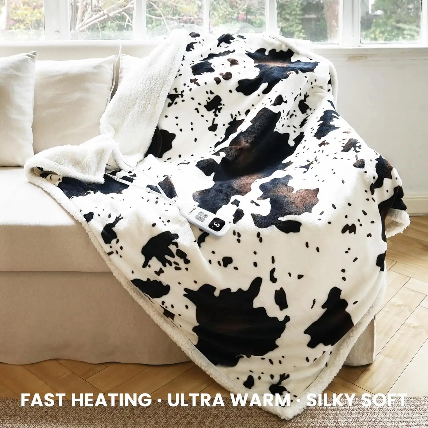 Cow Print Electric Heated Throw Blanket with 10 Heat Levels, Auto Off, Washable Fleece Sherpa, 50x60 Inches