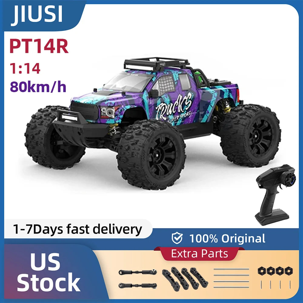 JIUSI PT14R 1/14 Brushless RC Car 4WD Remote Control Monster Truck 3S Battery 80KM/H High Speed Off-road RC Car for Aduit/Kids