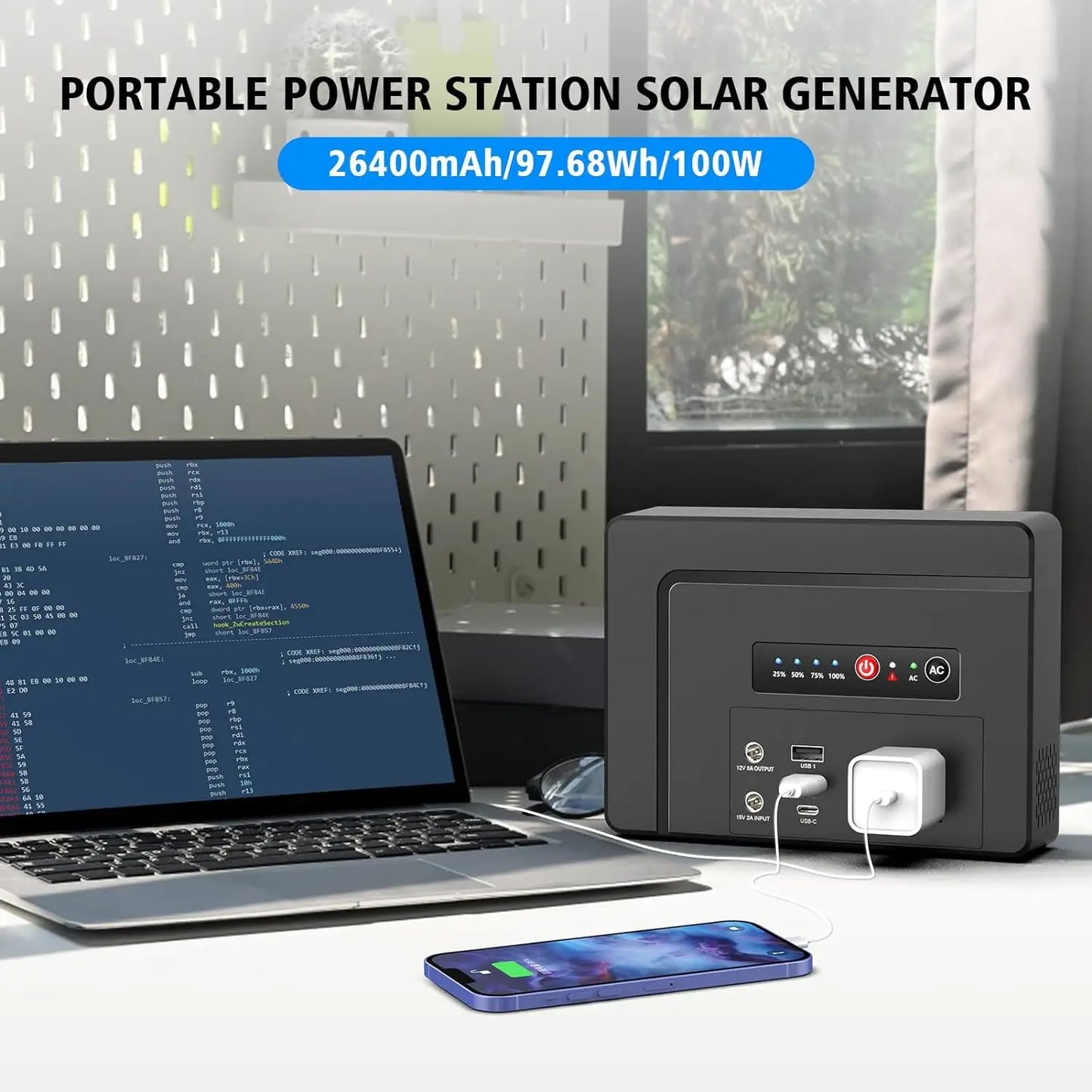 Powkey Portable Power Station 100W/97.68Wh, Power Bank with AC Outlet 26400mAh Fast Charging Battery Pack for Outdoor Camping RV
