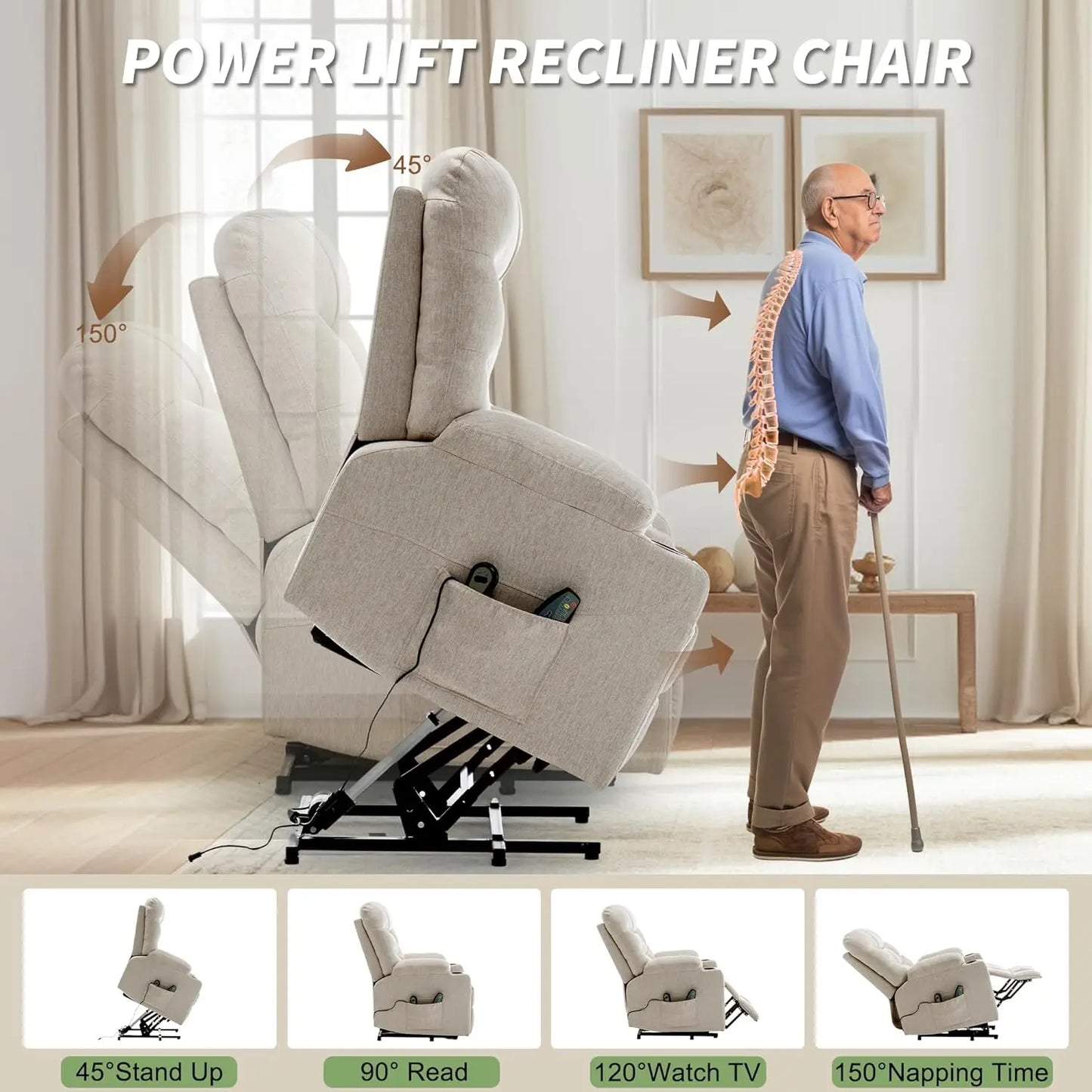 Power Lift Recliner Chair for Elderly and Adults, Electric Recliner with Remote Control and Cup Holders for Living Room
