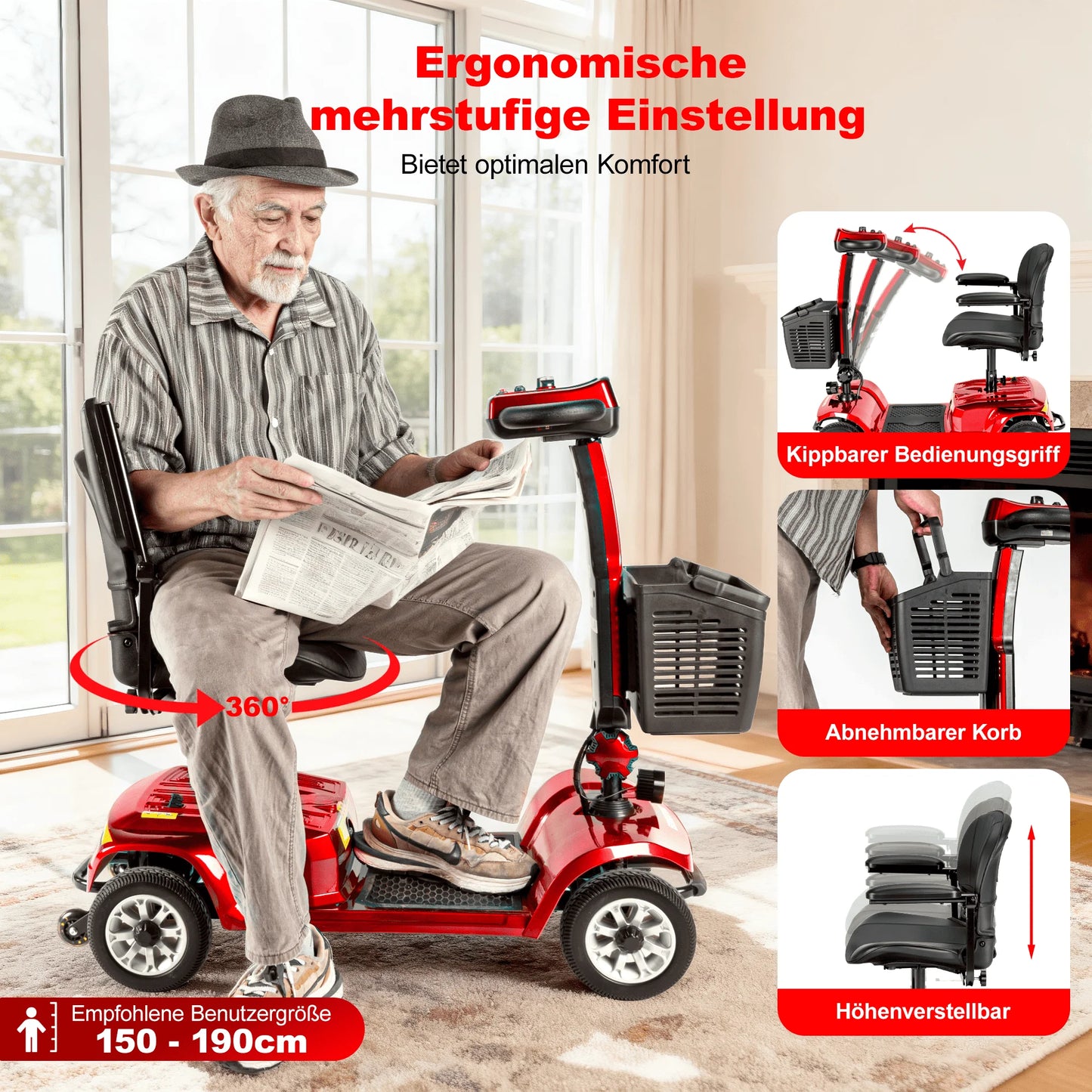EOEOTWO 4 Wheel Mobility Scooter - Electric Powered Wheelchair Device - Compact Heavy Duty Mobile for Travel, Adults, Elderly