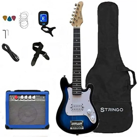 Blue 30 Inch Electric Guitar Beginner Kit Set with 20W Amplifier 3 Picks Shoulder Strap Tuner and Protective Bag Case Ideal for