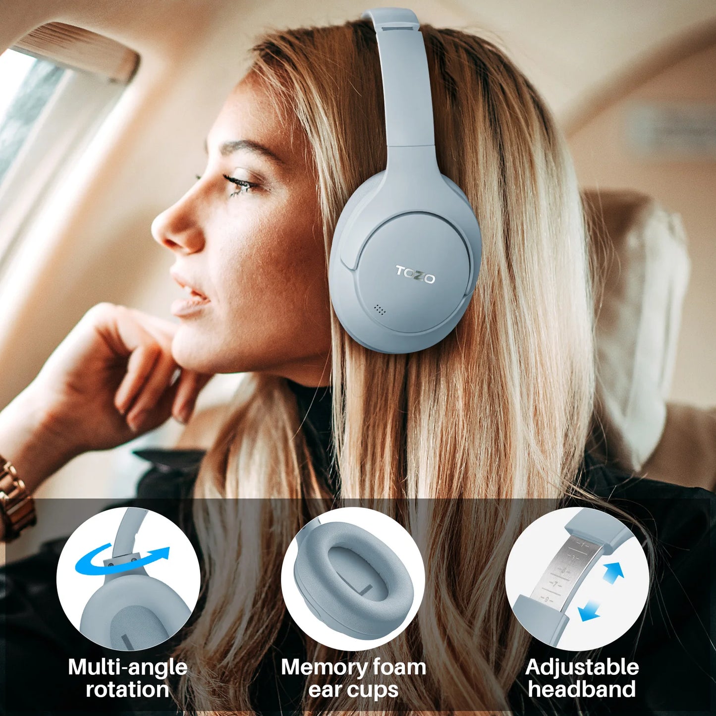 Refurbished TOZO Hi-Res Over Ear Headphones with Mic Hybrid Active Noise Cancelling 38dB Wireless&Wired Headsets 40mm Driver