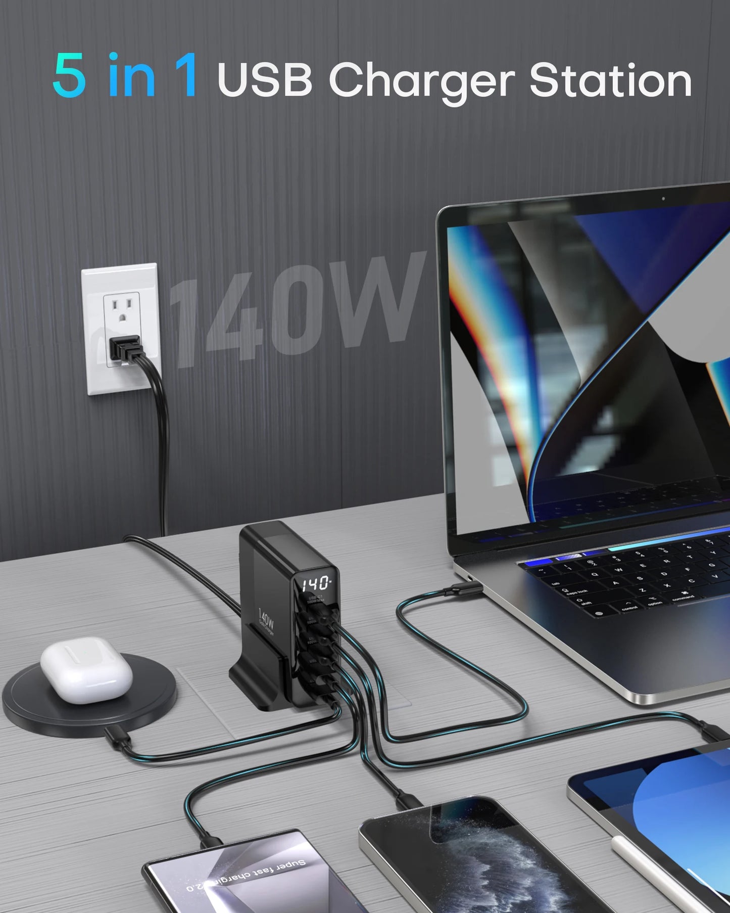TOPADRE 140W USB C 5-Ports Charging Station with Display, Max 100W USB Laptop Charger Compatible with MacBook ,iPhone ,Samsung