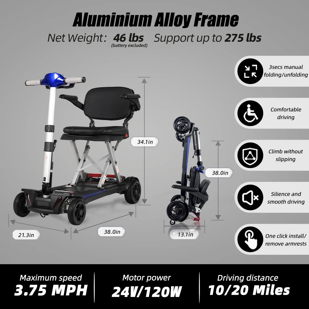Folding Design Electric Mobility Scooter Aluminum Alloy Frame 4 Wheel Lightweight Portable for Seniors Adults Powered Wheelchair