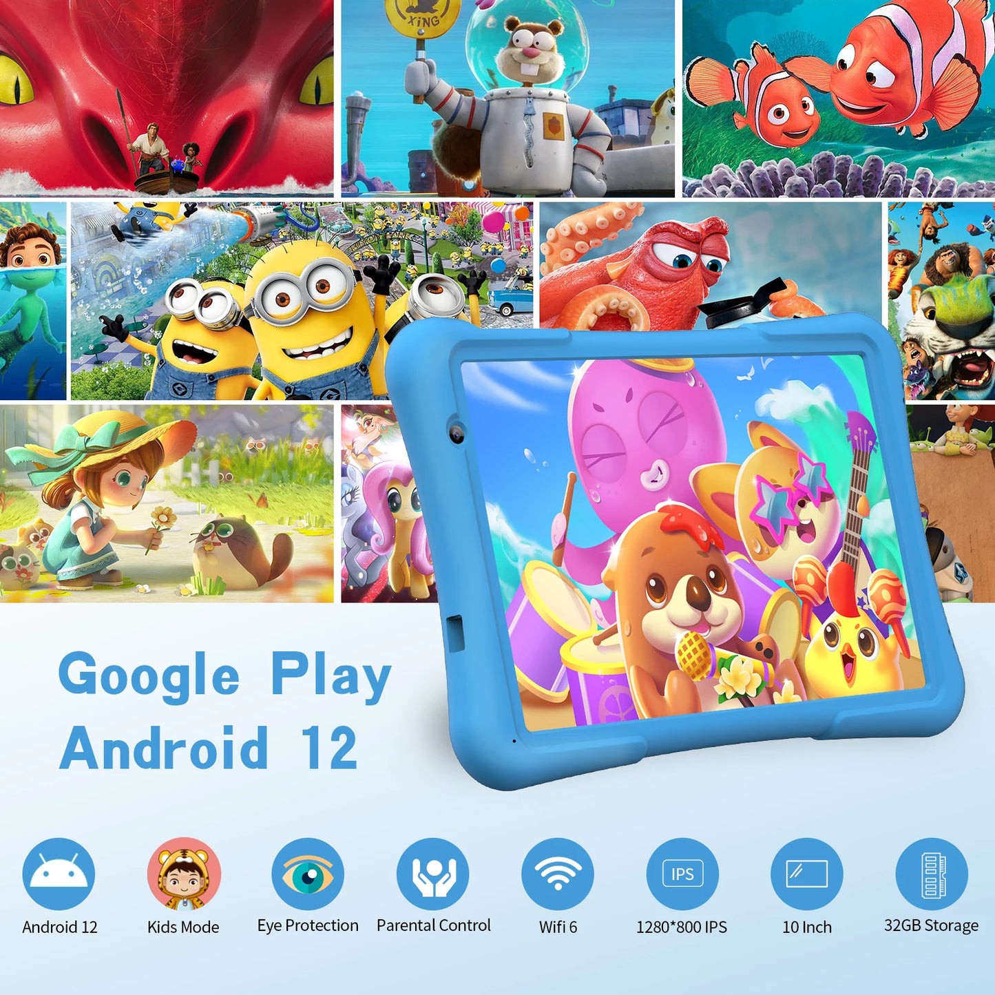 PRITOM 10 inch kids tablet Android 12, 4GB(2+2)+32GB, Quad Core, 6000 mAh, WiFi 6, Dual Camera, Bluetooth, Toddler Tablet