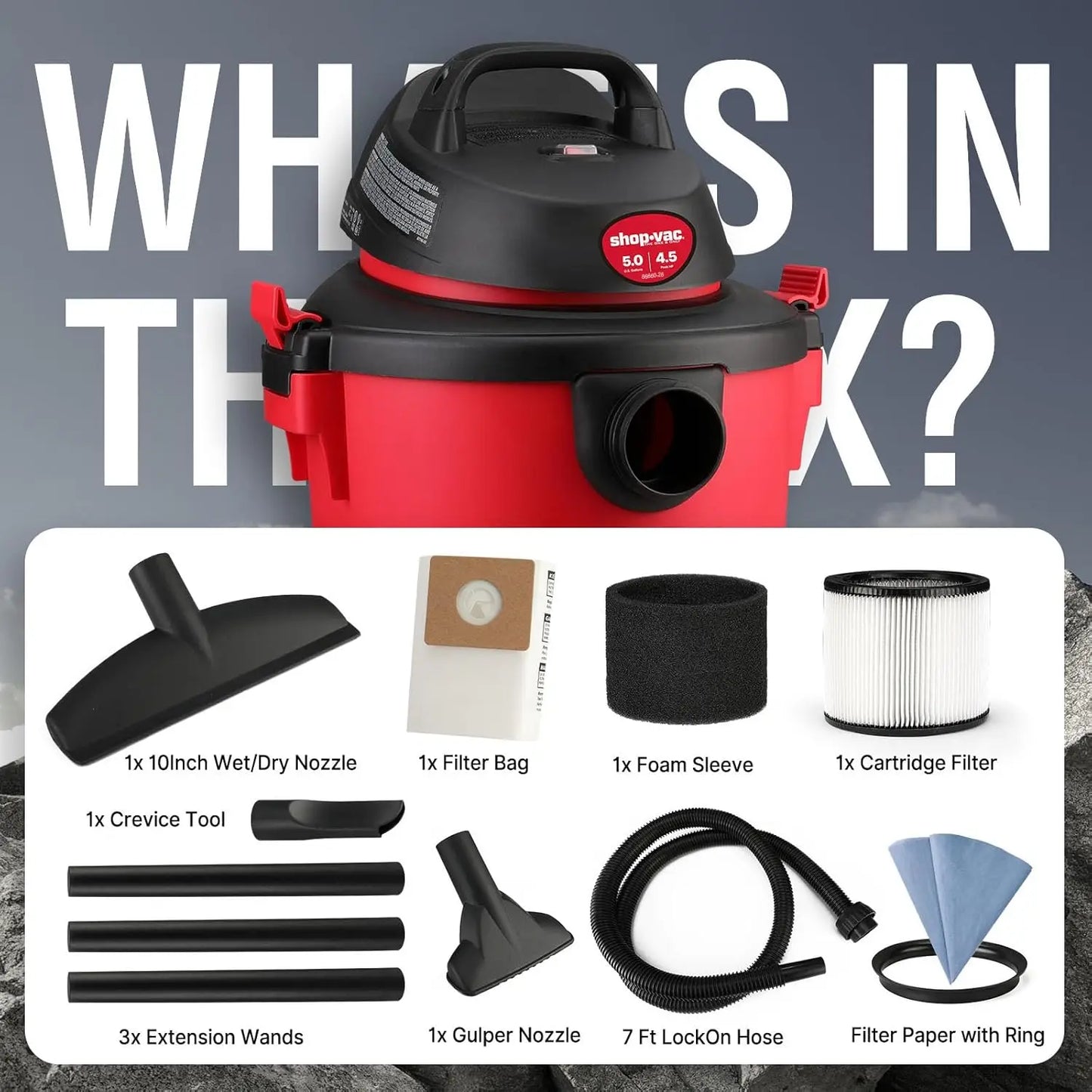 5 Gallon Wet/Dry Vacuum, 4.5 HP Portable Shop Vac with Attachments for Home, Garage, Car & Workshop