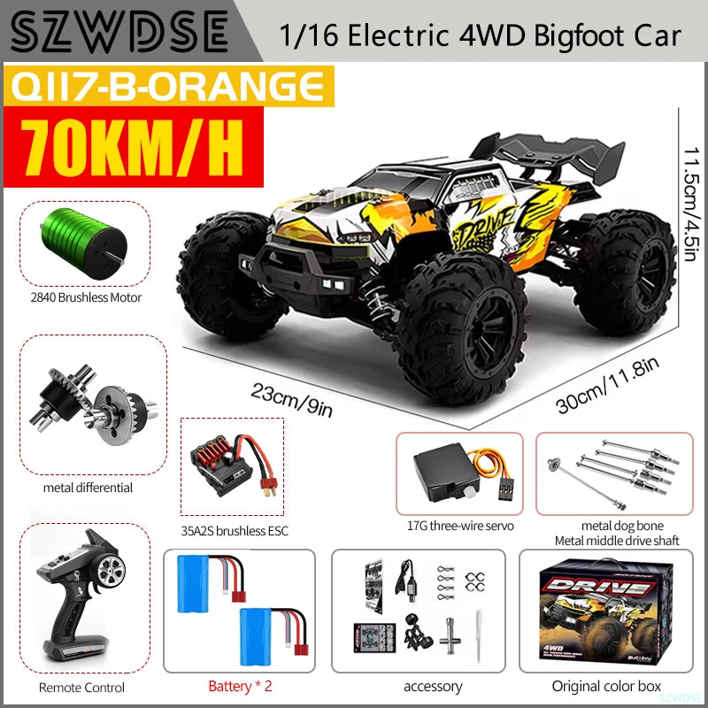 Wltoys Q117 1/16 RC Car 4WD Remote Control Car LED Headlights Brushless 70KM/H 2.4G High Speed Off-Road Drift Toys for Children