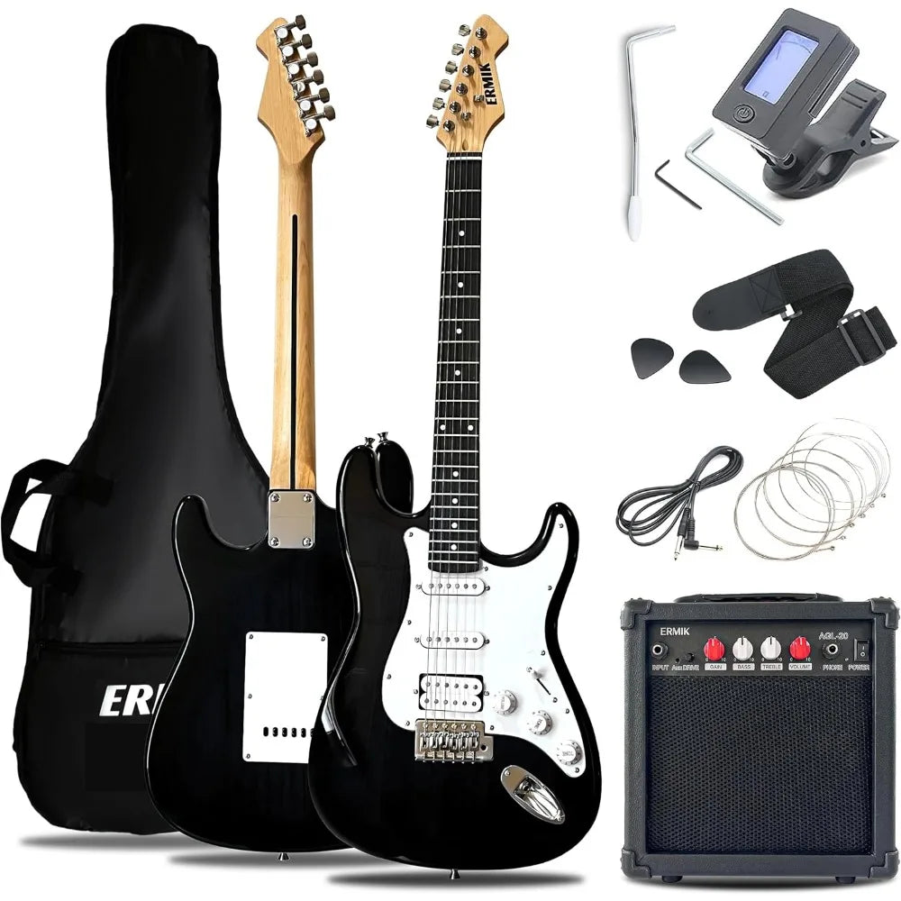 Solid Electric Guitar Kit with amp, 39 "Full size Guitar HSS pickup Guitar Electric Beginner Gift - black