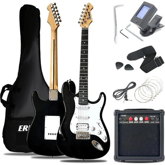Solid Electric Guitar Kit with amp, 39 "Full size Guitar HSS pickup Guitar Electric Beginner Gift - black