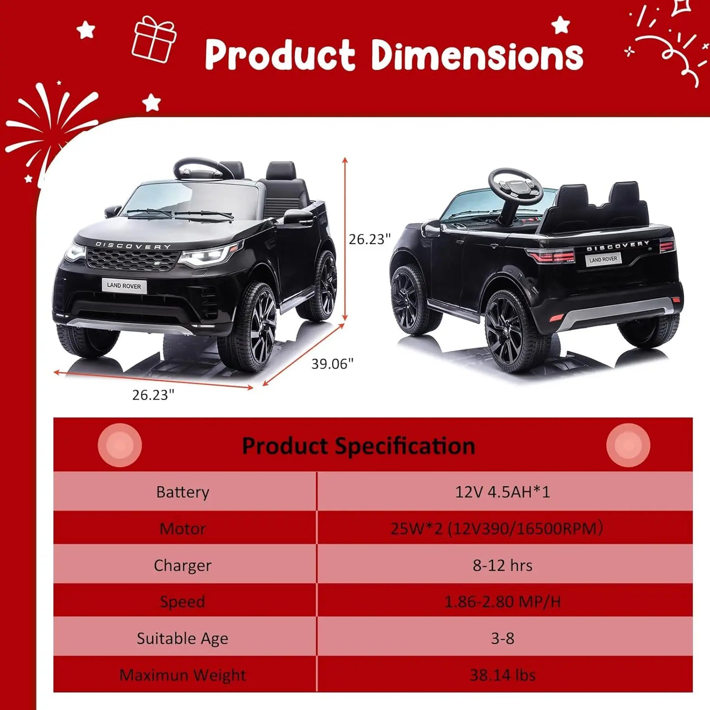 12V Licensed Land Rover 2 Seater Ride on Car for Kids with 2.4g Remote Control Double Doors LED Light 2.8 MPH Max Speed