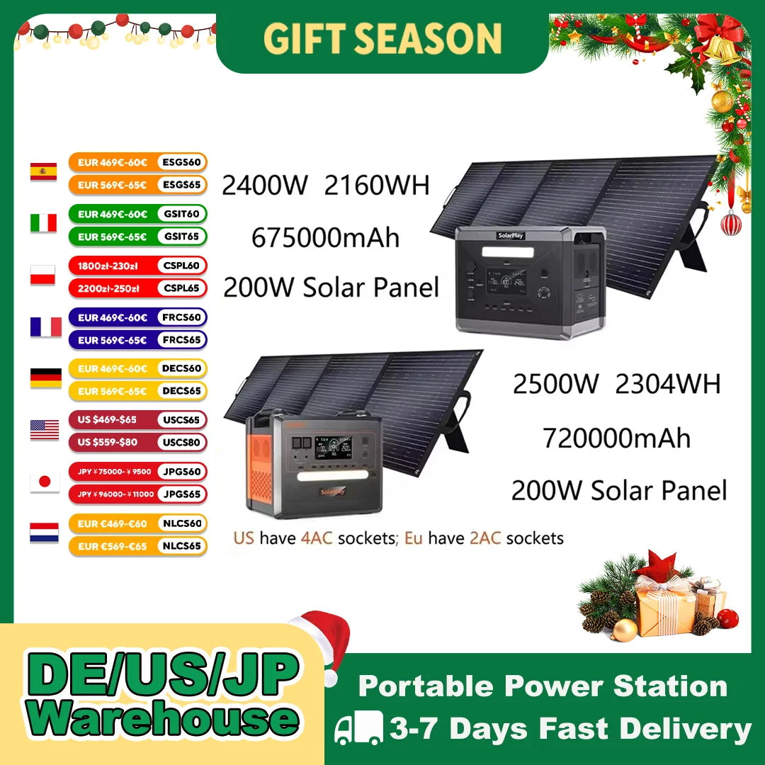 Solar Generator 2160WH 2304WH Long-life LiFePO4 Portable Power Station & 200W Solar Panel  for Home Campervan Up to 2400W Output