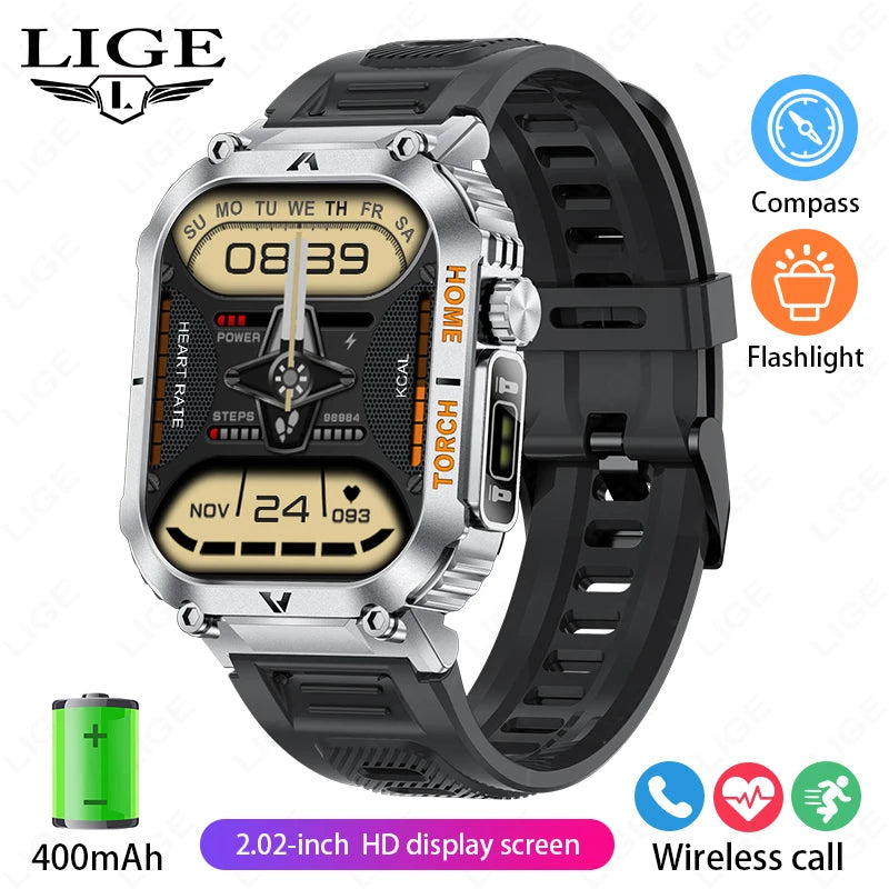 LIGE Men Smart Watch LED Flashlight Compass Watches 3ATM Waterproof 2.02'' HD Screen Military Sport Smartwatch 2025 Reloj Hombre