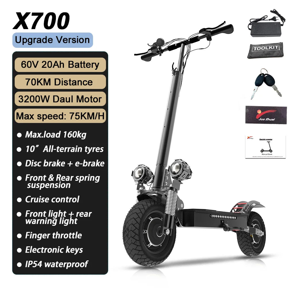 3200w Dual Motors Electric Scooter for Adults 75km/h Speed 70km Long Range 10 inch Tires E Scooter Patinete Electrico Skateboard