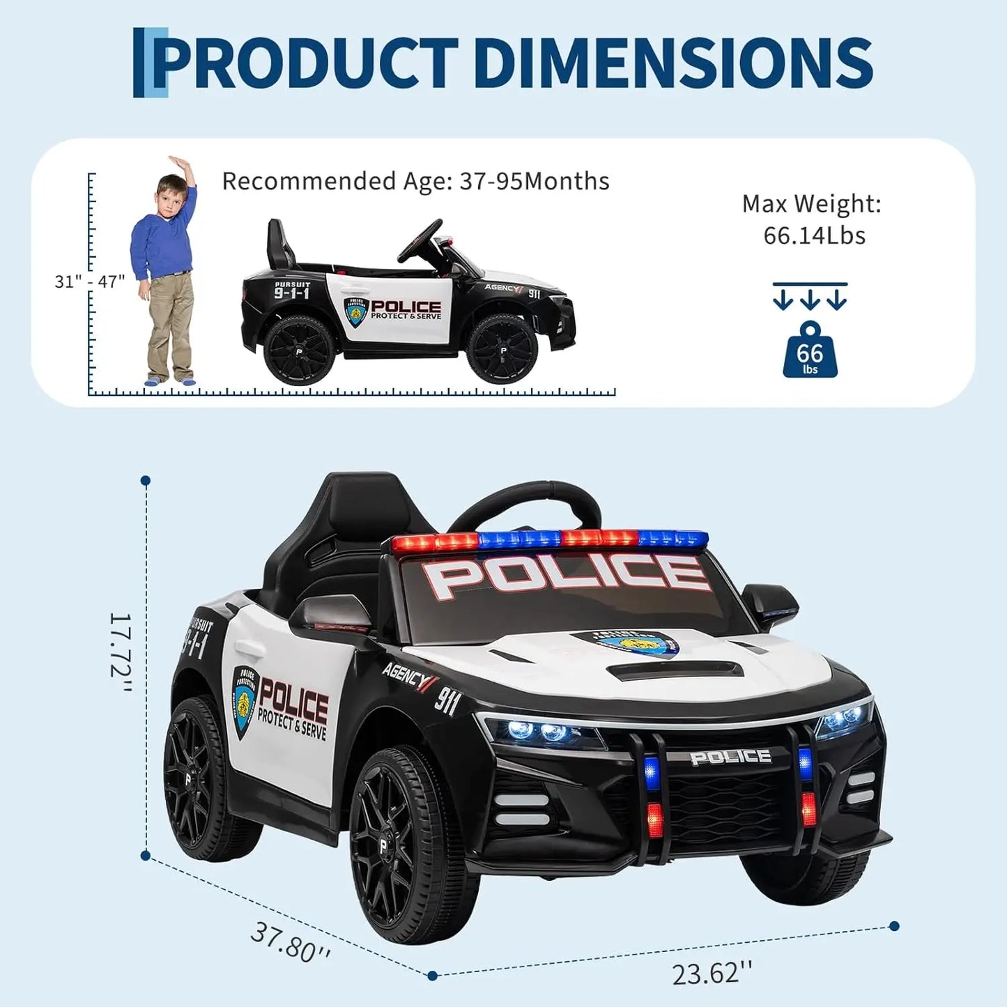 12V Police Car Electric Ride on Vehicle Cop Cars for Big Kids with Remote Control, Emergency Alert Tones, Flashing Lights, Music