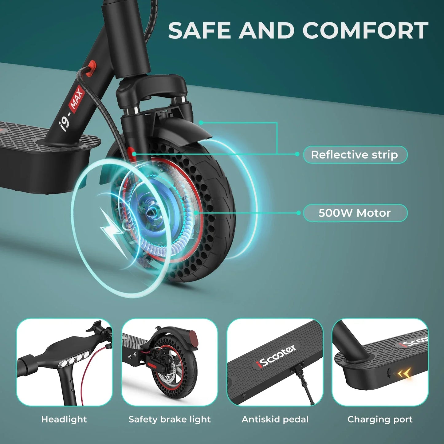 Iscooter I9 Max Adult Electric Scooter 500W Motor 36V 10Ah Battery Foldable Electric Scooter 10 Inch Tires City Electric Scooter