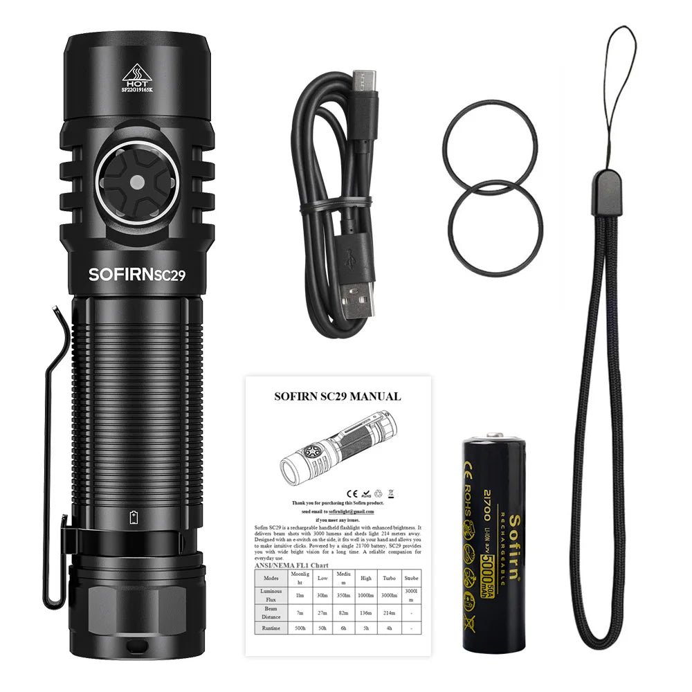 Sofirn SC29 3000 Lumens EDC Flashlight Rechargeable  XHP50B LED Powerful  21700 Torch Light Lantern IPX8 for Camping Fishing