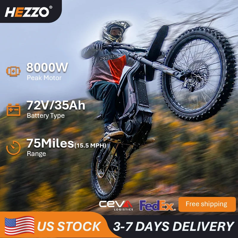HEZZO R1 US Stock Off-Road Electric Dirt Bike Motorcycle 8000W 330Nm Double Shocks 72V 35Ah 75 Miles for Adults 1 Year Warranty