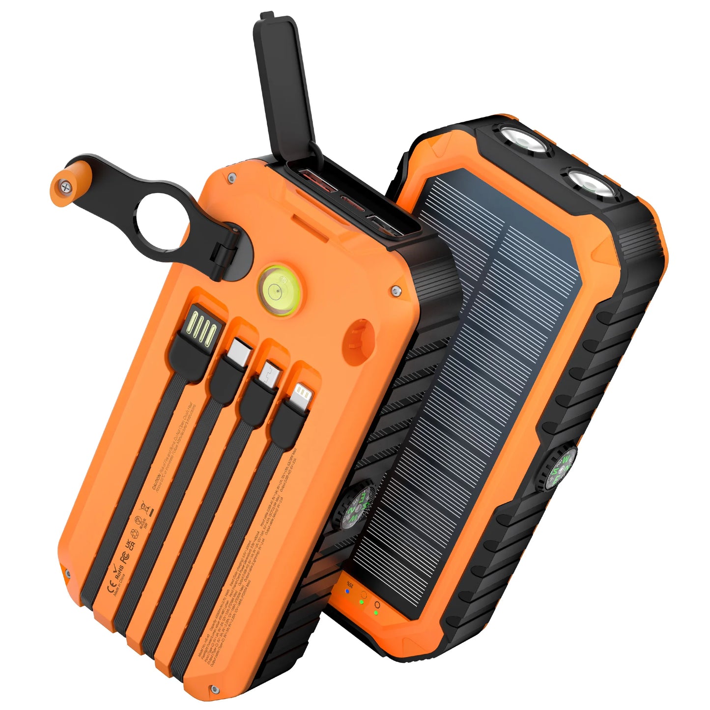 40,000mAh Solar Power Bank with Hand Crank & 4 Cables,Dual UsB/Type-C Fast Charging, Bright LED Light, Built-inCompass & Leveler