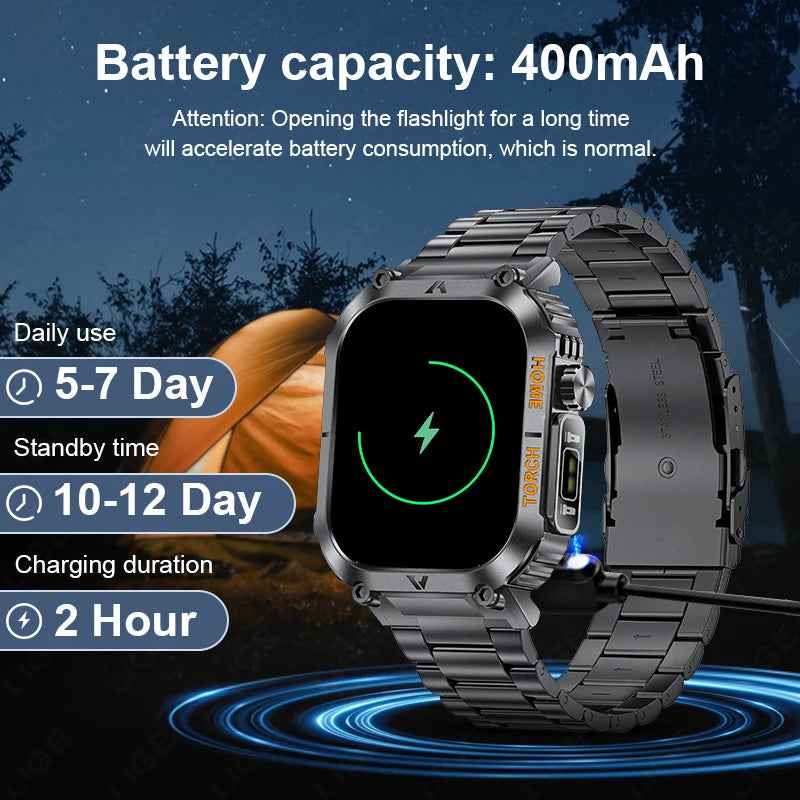 LIGE Men Smart Watch LED Flashlight Compass Watches 3ATM Waterproof 2.02'' HD Screen Military Sport Smartwatch 2025 Reloj Hombre