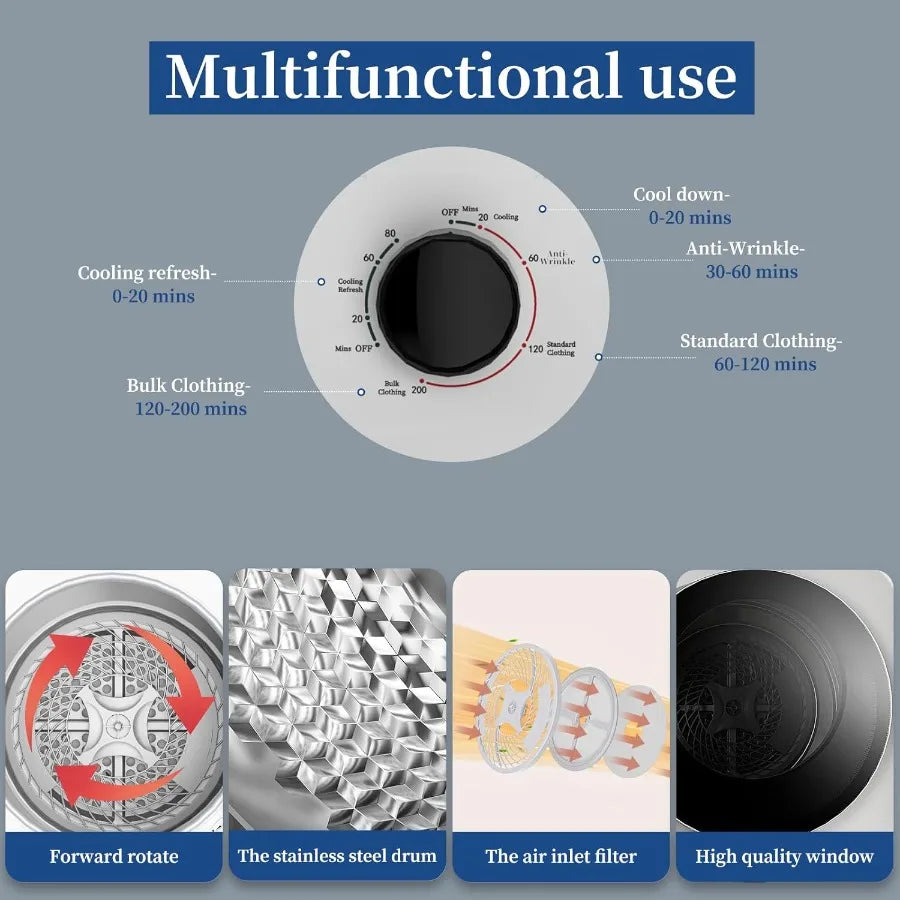 VCJ Portable Clothes Dryer for Apartment 10lbs Compact Electric Laundry Dryer with Stainless Steel Tub 1.5 cu.ft Suitable for A