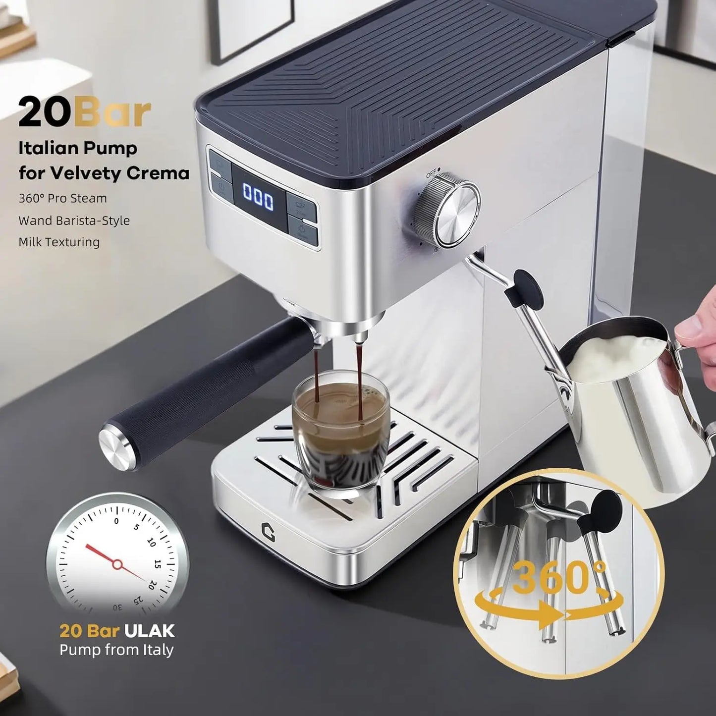 Espresso Machine 20 Bar Semi-Automatic Stainless Steel Adjustable Grinder/Steam Milk Frother Compact Home Ofiice Coffee Maker