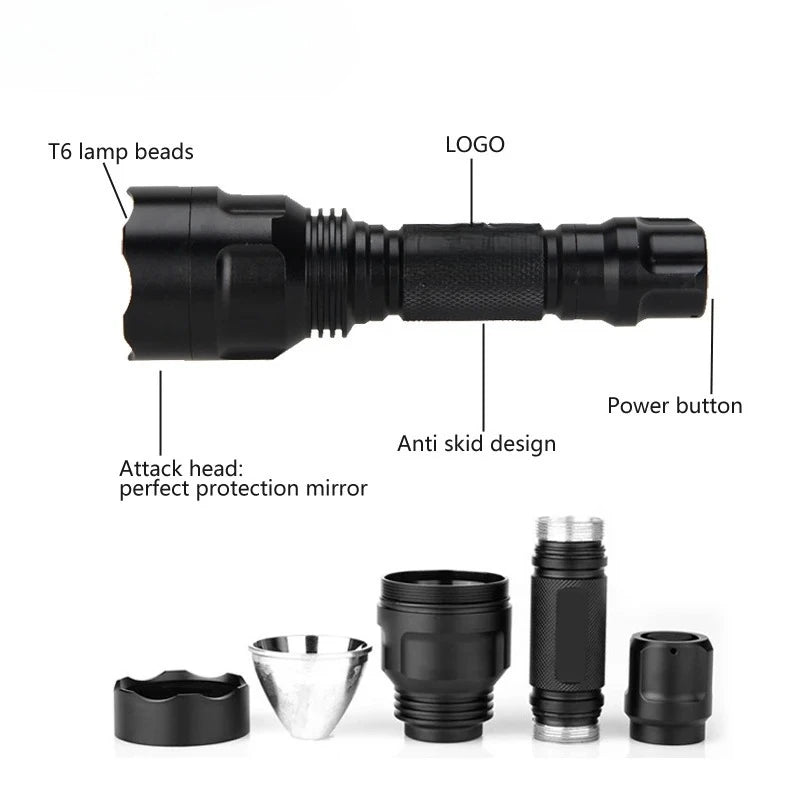 2500LM 500-800M Range LED Tactical Hunting Flashlight Portable Torch Outdoor Waterproof Lantern+18650+USB Charger +Switch