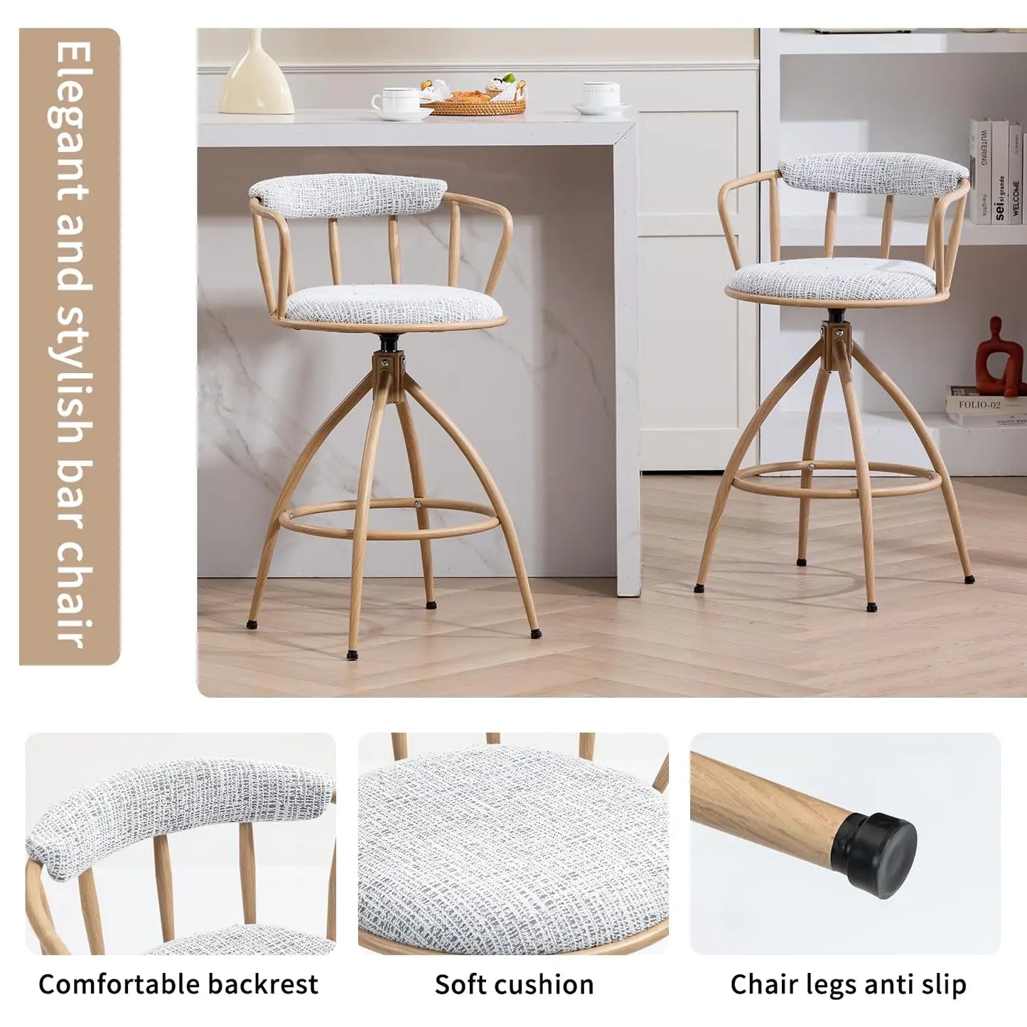 26'' Swivel Bar Stools Set of 4, Upholstered Fabric Counter Height Chairs with Metal Frame, Modern Bar Chairs with, Customized