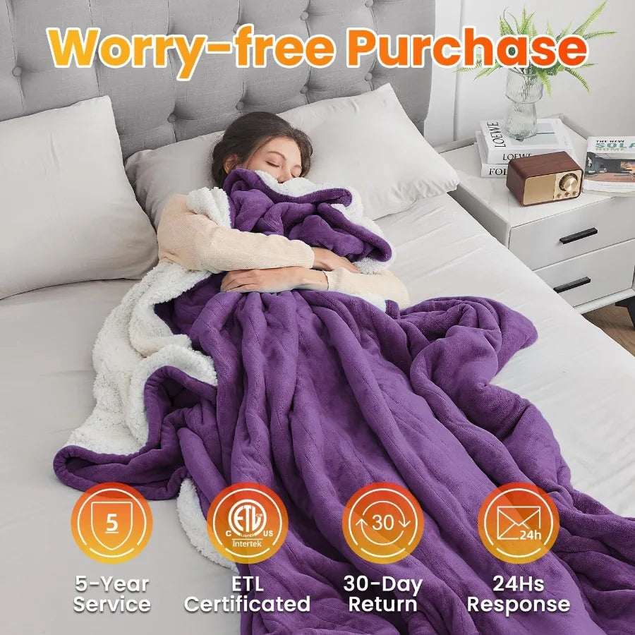 Electric Heated Blanket Twin Size Soft Flannel Fast Heating Blanket Purple Color 62"x 84" 10 Heating Levels and 0.5-12H Auto Of