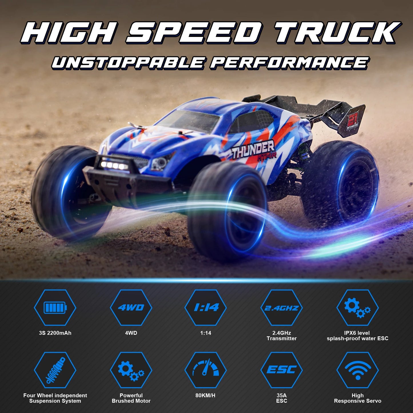 MT14R 1/14 V3 RC Car 80km/h Brushless Off-Road Vehicle Waterproof All-Terrain Remote Control Truggy with 3S 35C 2200mAh RC Truck