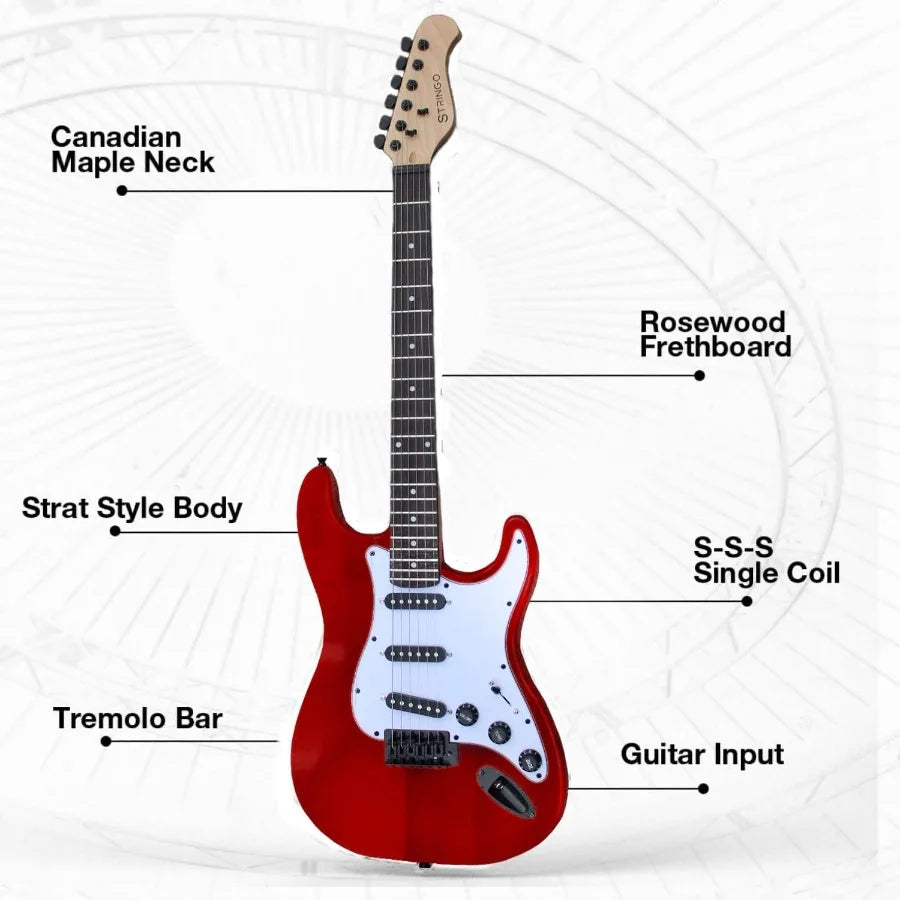 Full Size 39 Inch Red Electric Guitar Beginner Kit with Tremolo Bridge 20W Amplifier 3 Guitar Picks Shoulder Strap Tuner and Pr