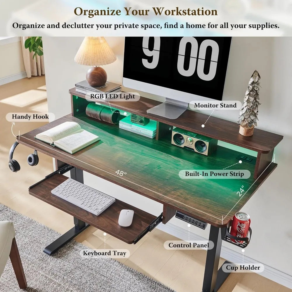 48Inch Gaming Desk, Electric Standing Desk with Height Adjustable, Power Outlets, LED Lights, Keyboard Tray, and Monitor Shelf,