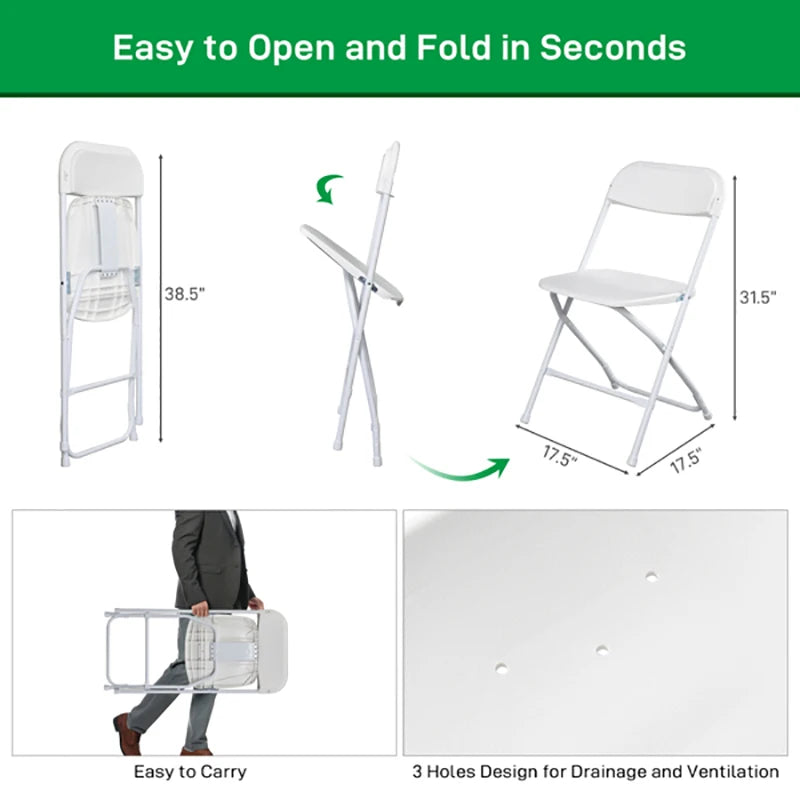 4/6/10pcs White Folding Chairs Premium Plastic Thickened Steel Pipes Stackable Home Dining Seats Portable Commercial Chair