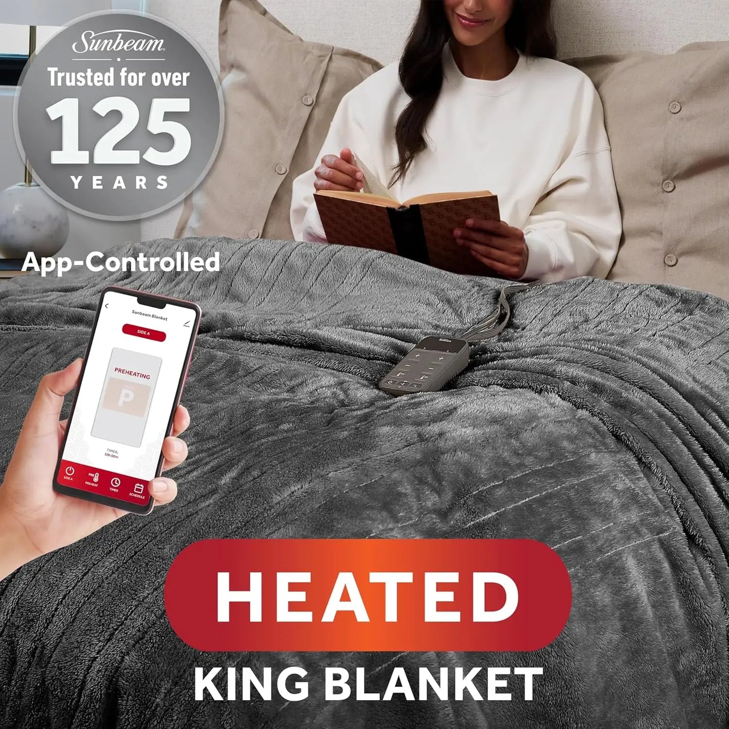 Wi-Fi Connected Heated Electric Blanket, 10 Heat Settings, King Size, Slate Gray
