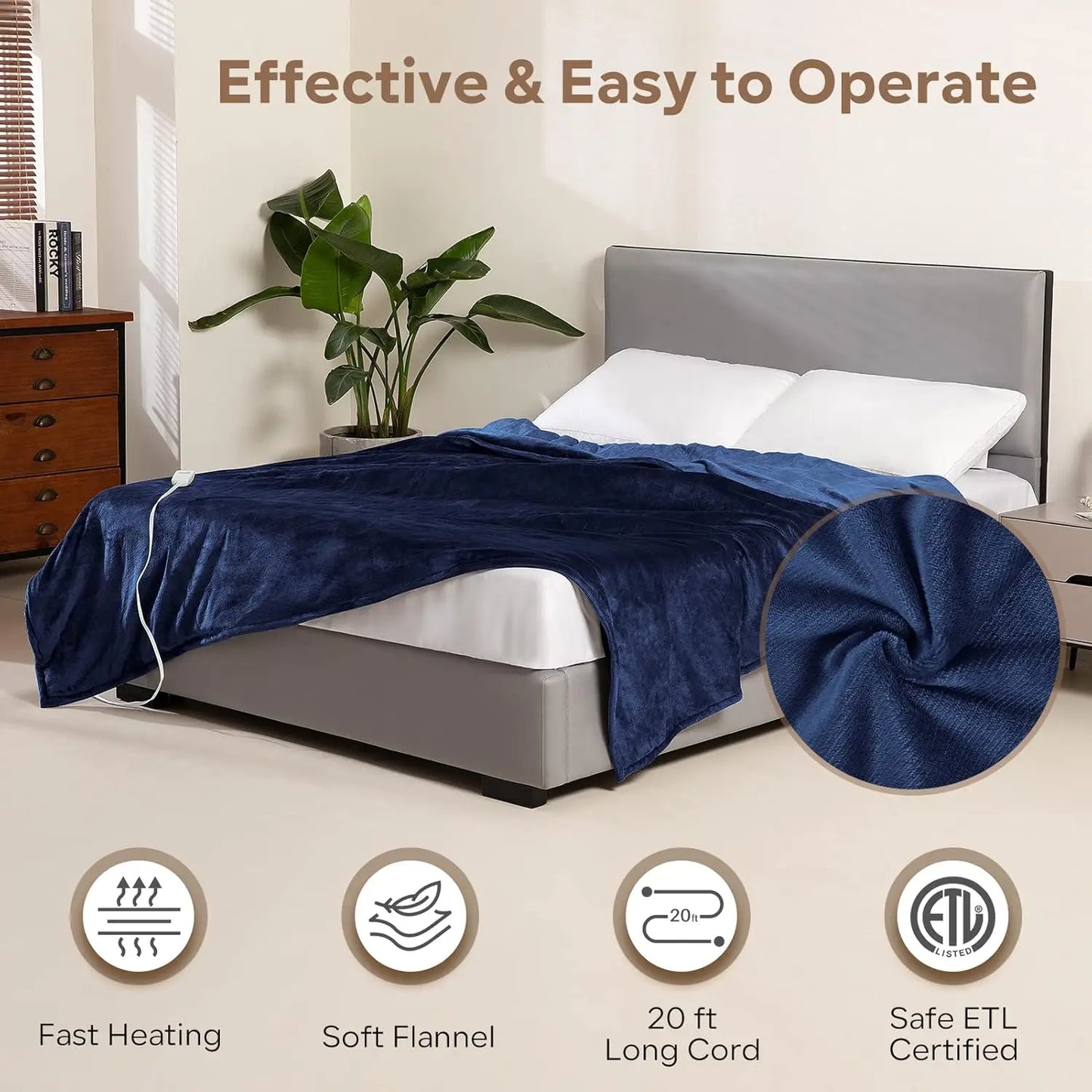 Queen Electric Heated Blanket 84x90 Inches, 6 Heat Levels & Auto Timer, Fast Heating Ultra Soft Flannel, Machine Washable Blue