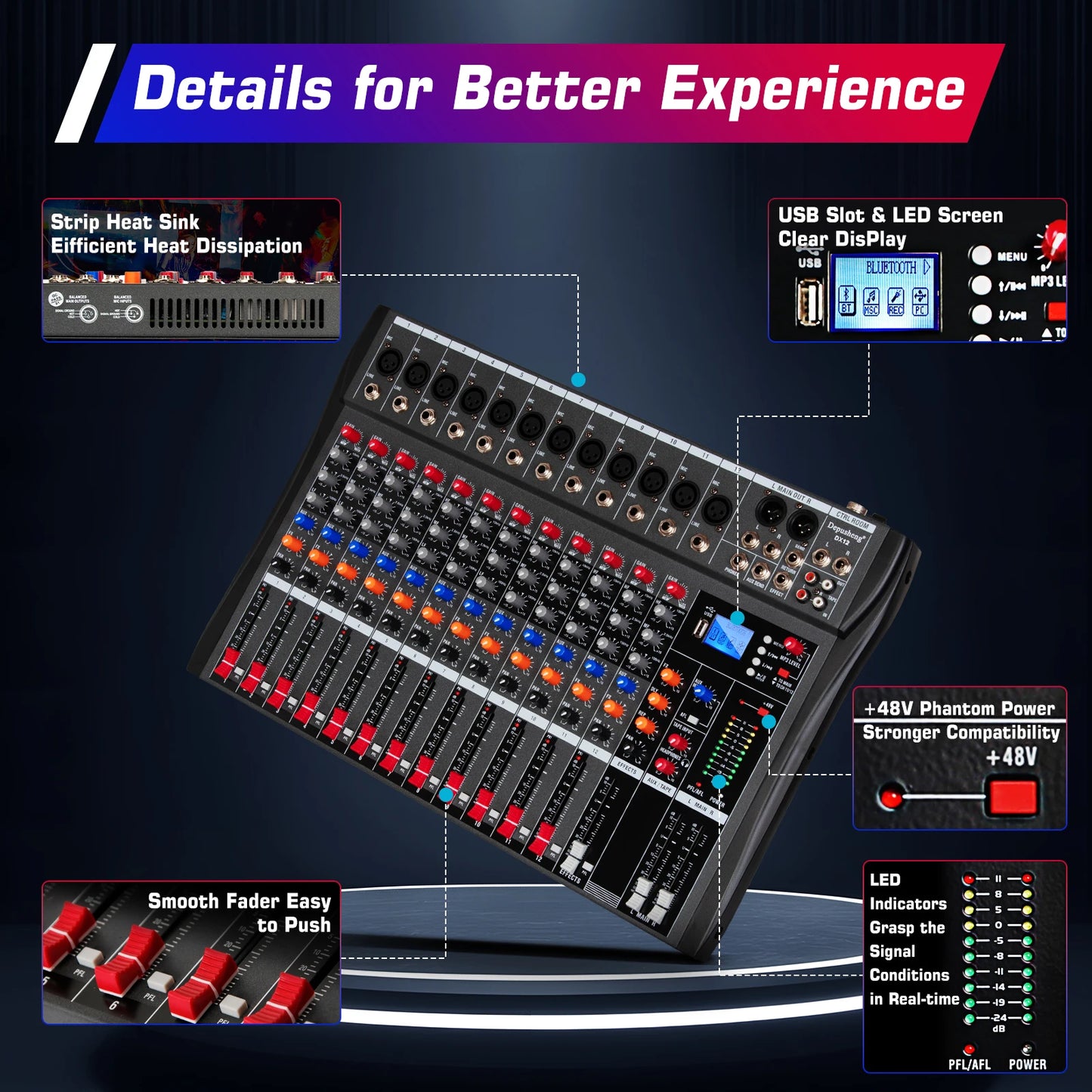 DEPUSHENG DX12 Professional Audio Mixer 12 Channel Studio Audio Console USB MP3 Input 48v Phantom Power DJ Console