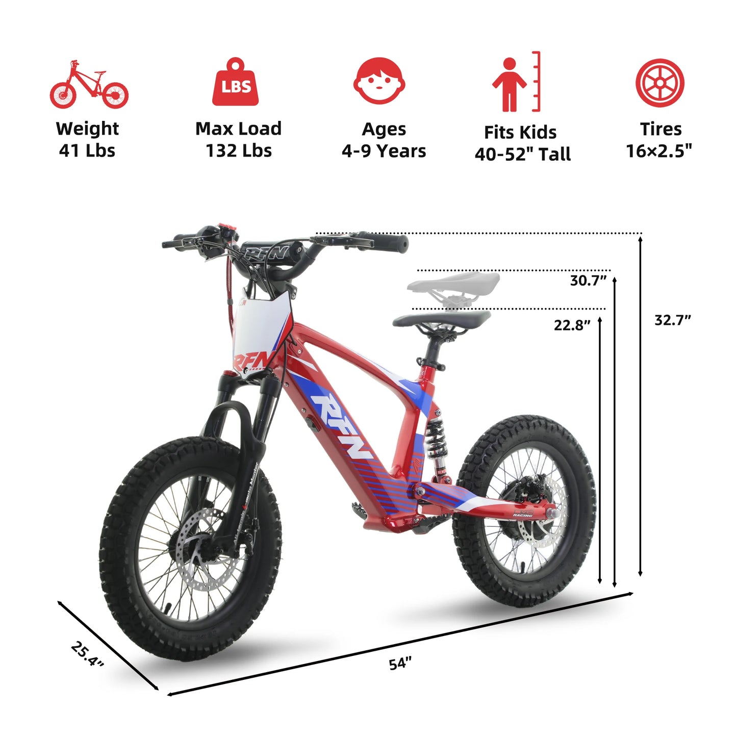 RFN Racing Serise Electric Dirt Bike For Kids - 3-Speed Stunt Jump Bike - Lightweight Aluminum Frame Electric Bike For Age 8+