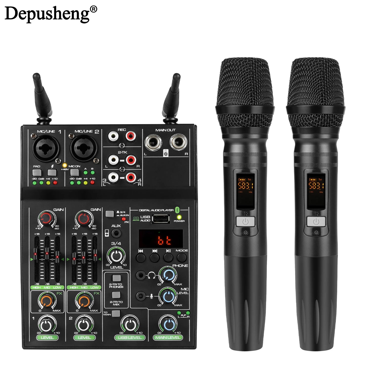 Audio Mixer 4 Channel High Power Amplifie Sound mixing with Microphone Depusheng UF4-M Digital Board Console for Karaoke Stage
