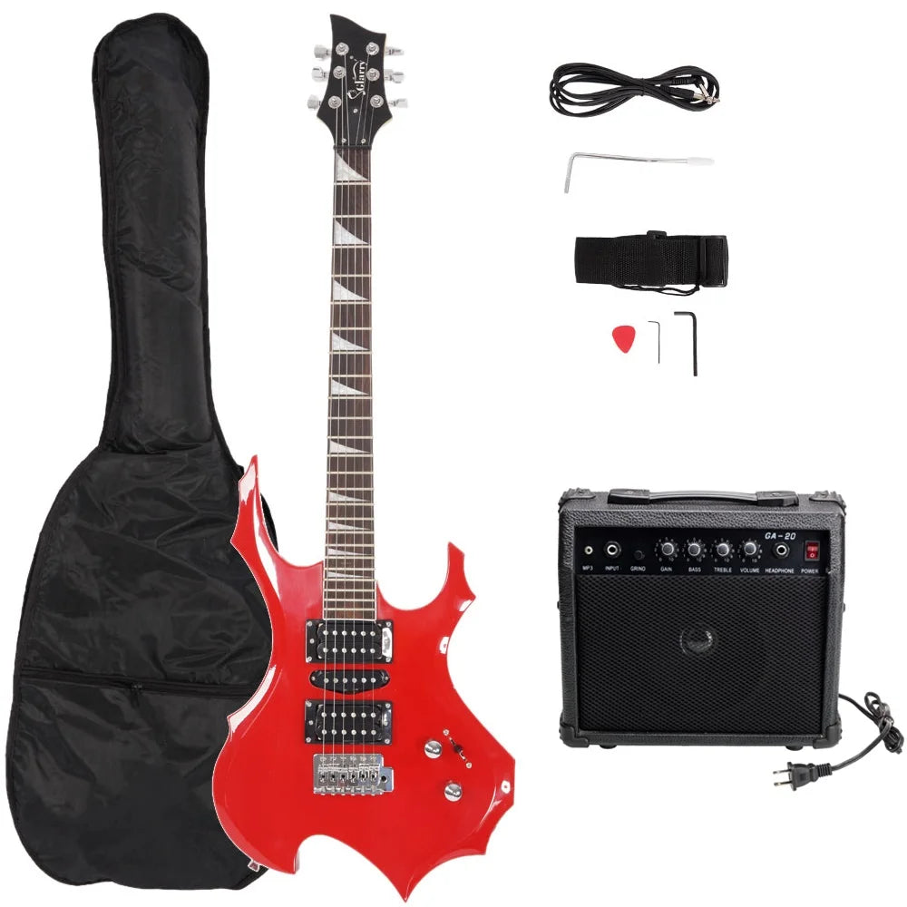 Red Flame Shaped Electric Guitar with 20W Electric Guitar Sound HSH Pickup Novice Guitar Bag Strap Picks Shake Cable Wrench Tool