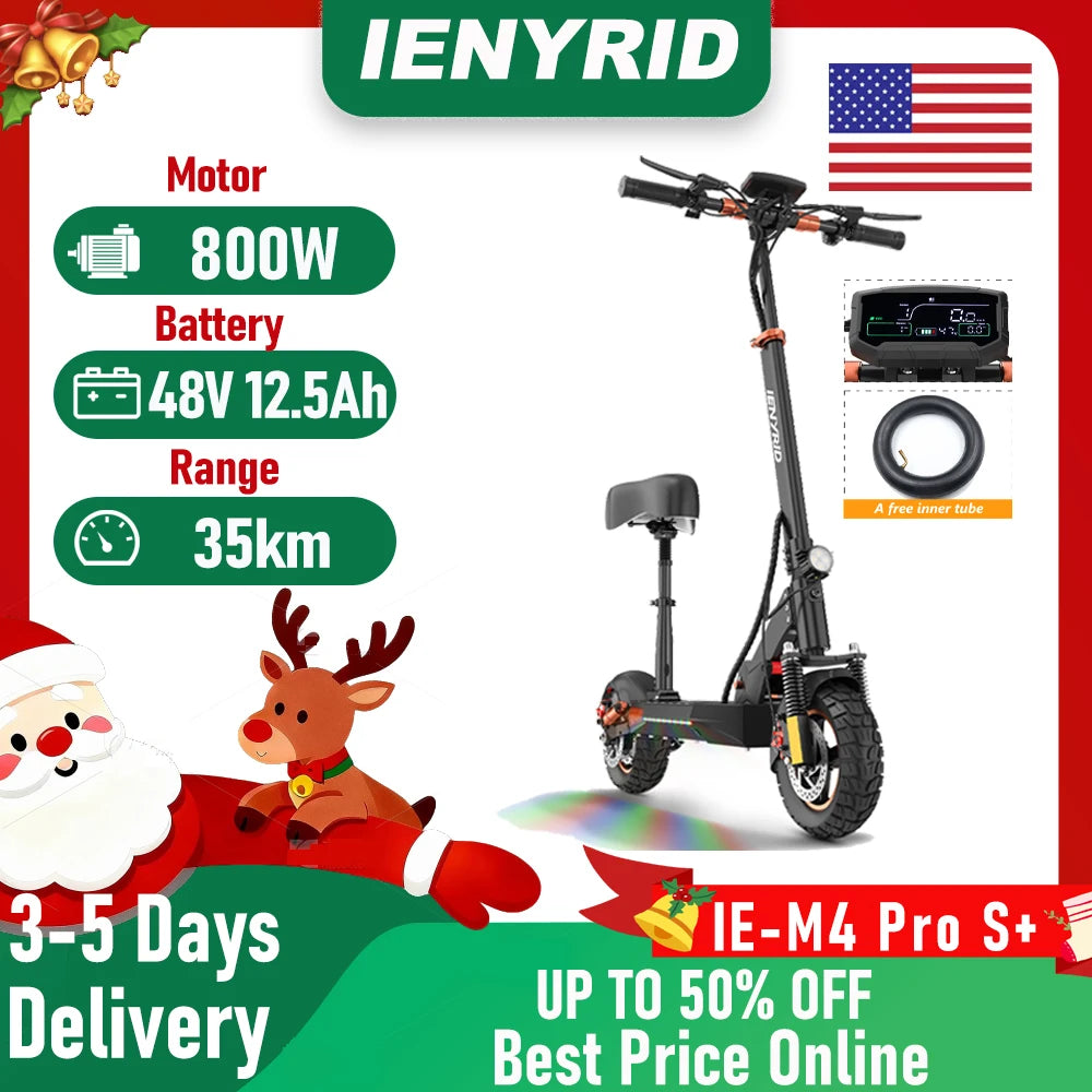 IENYRID M4 Pro S+Electric Scooter 800W Motor 48V 12.5AH Battery 10"Tire Escooter 45km/h Max 40-50KM Range Disc Brake LCD Display