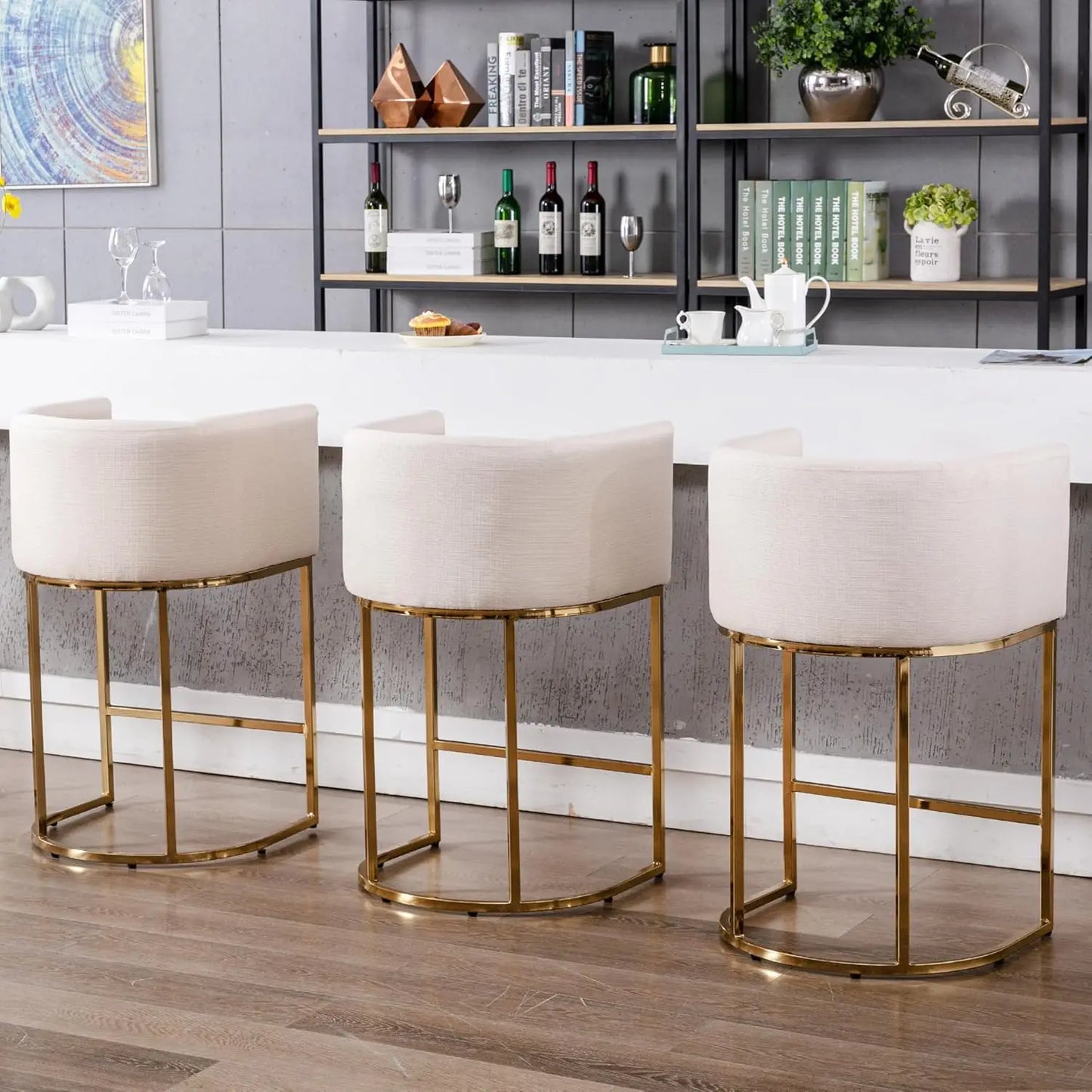 Modern Counter Height Linen Fabric Upholstered Counter Stools Set of 3, 24 Inch Kitchen Island Stool with Black, Customized