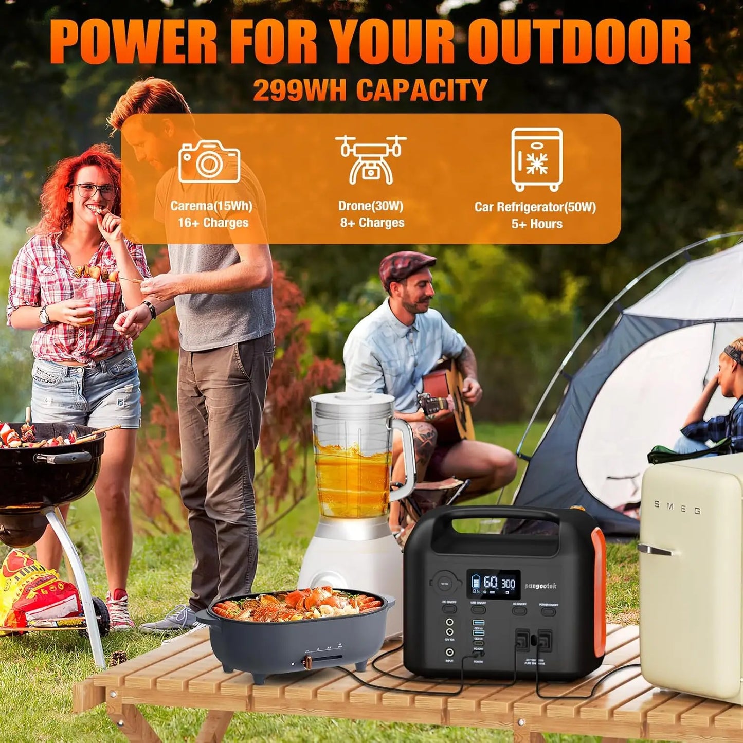 600W Portable Power Station with 299Wh LiFePO4 Battery, Solar Generator, Pure Sine Wave AC Outlets for Camping and Backup