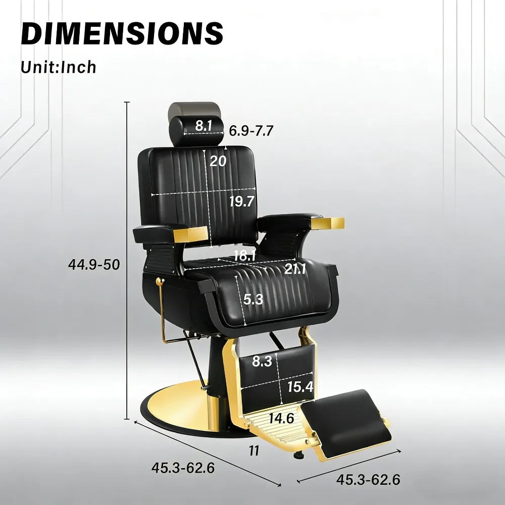 Black Gold Barber Chair, Reclining Salon Chair Hair Stylist, Barber Chairs for Barbershop Supports up to 500lbs, Professional Sa