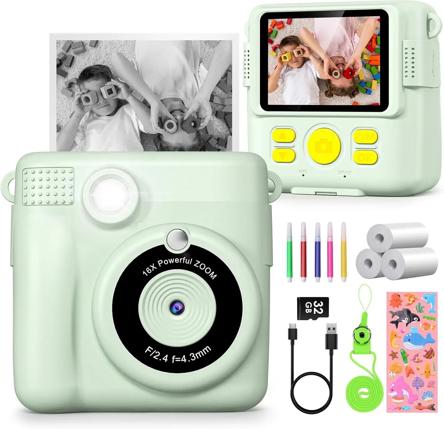 Kids Digital Camera 1080P HD Instant Print Camera Portable Camera Toy with 32GB Card Gift For Boys Girls 3-12