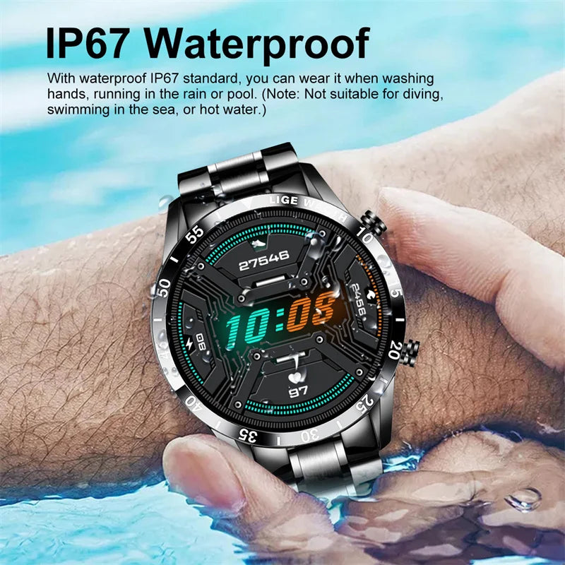 LIGE Stainless Steel Smart Watch Wrist Watch Mature Men Luxury Men Sport Fitness Bluetooth Call Mature Men's Smartwatch Outdoors